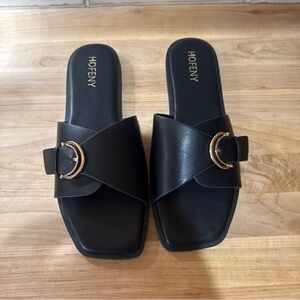 New! Hofeny Women's 11 Black Flat Slide Sandals With Gold Buckle
